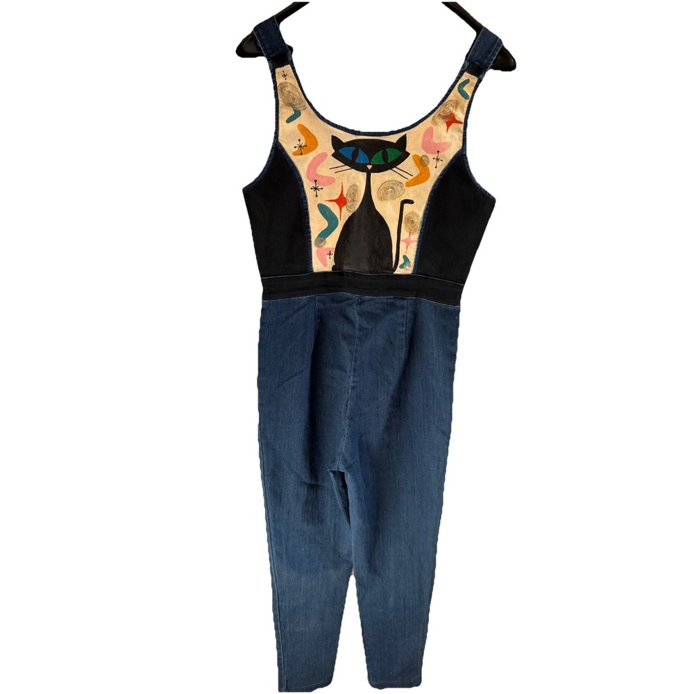 Hand Painted Women's Cat Overalls Size Large Atomic Kitty Denim One Of A Kind